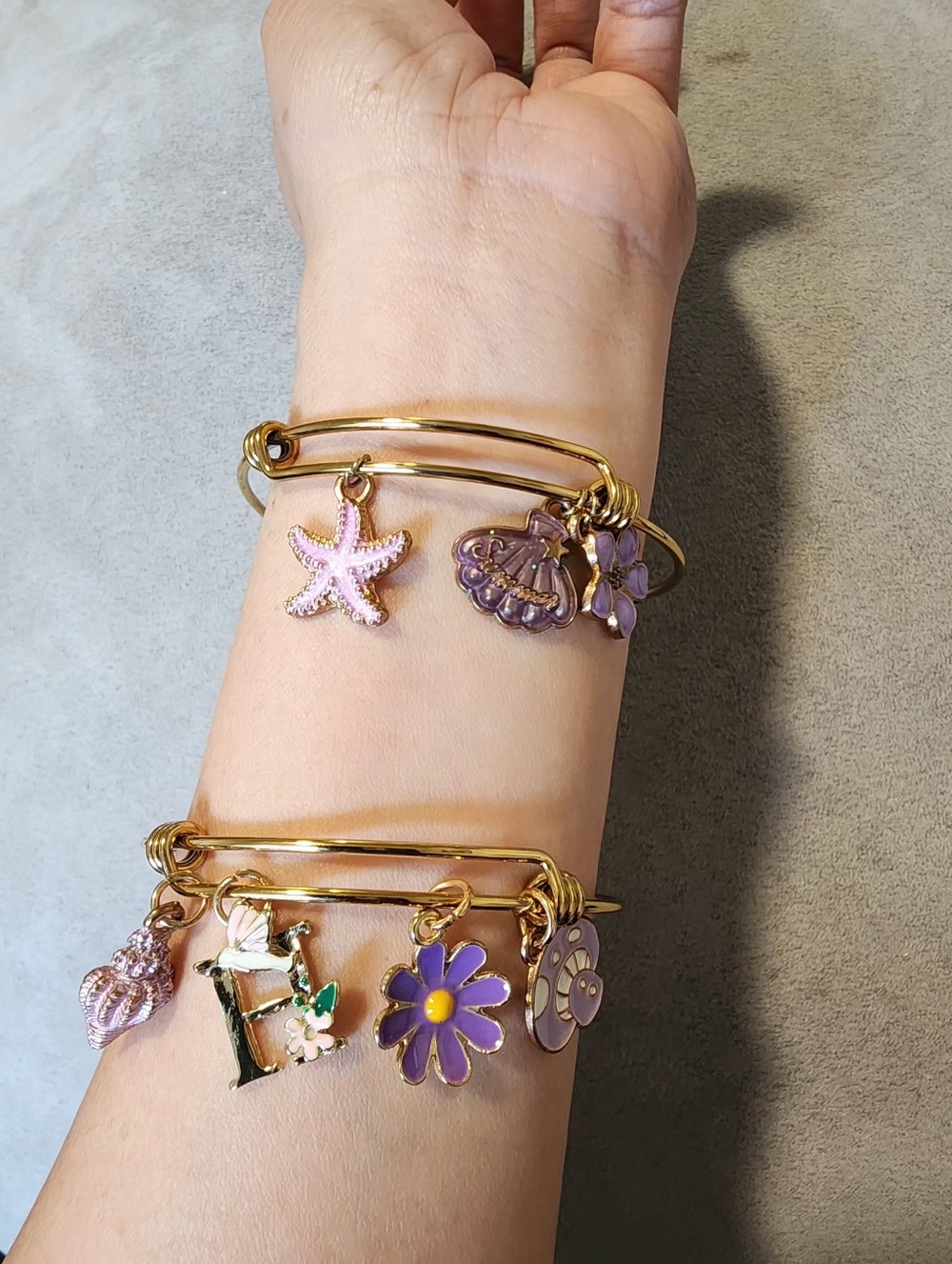 Gold Plated Charm Bangle Bracelet Set with Purple & Pink Charms